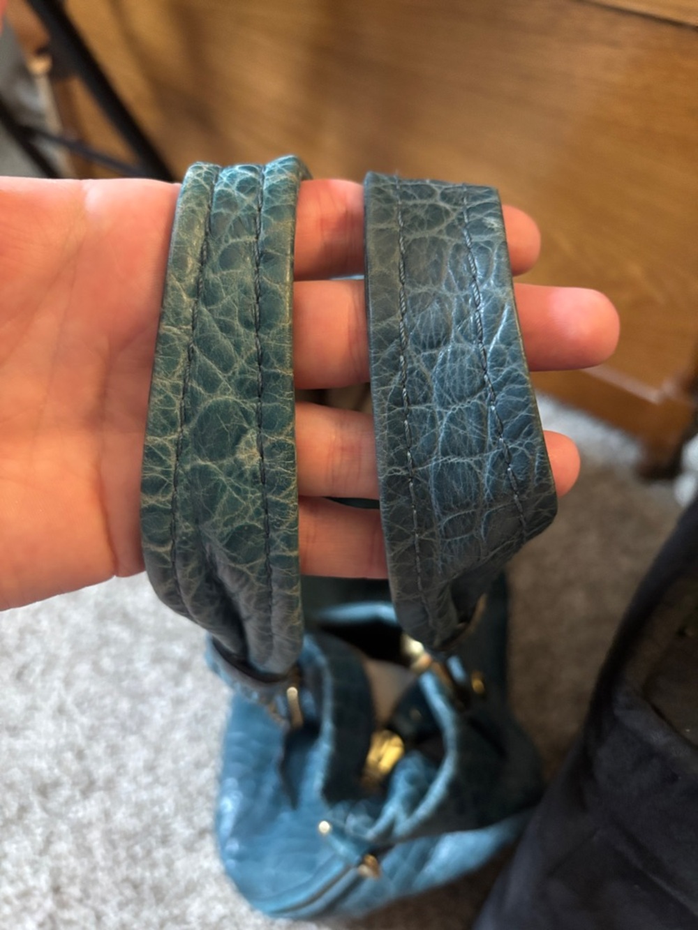 Teal Croc-Embossed Leather Tote Bag with Gold Hardware - Picture 13 of 16
